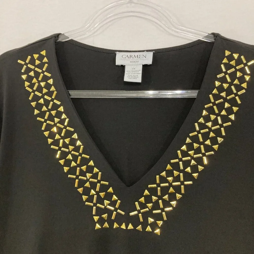 Carmen Marc Valvo size 3X Black‎ Golden Studded V Neck Stretch Knit Blouse - Picture 3 of 8